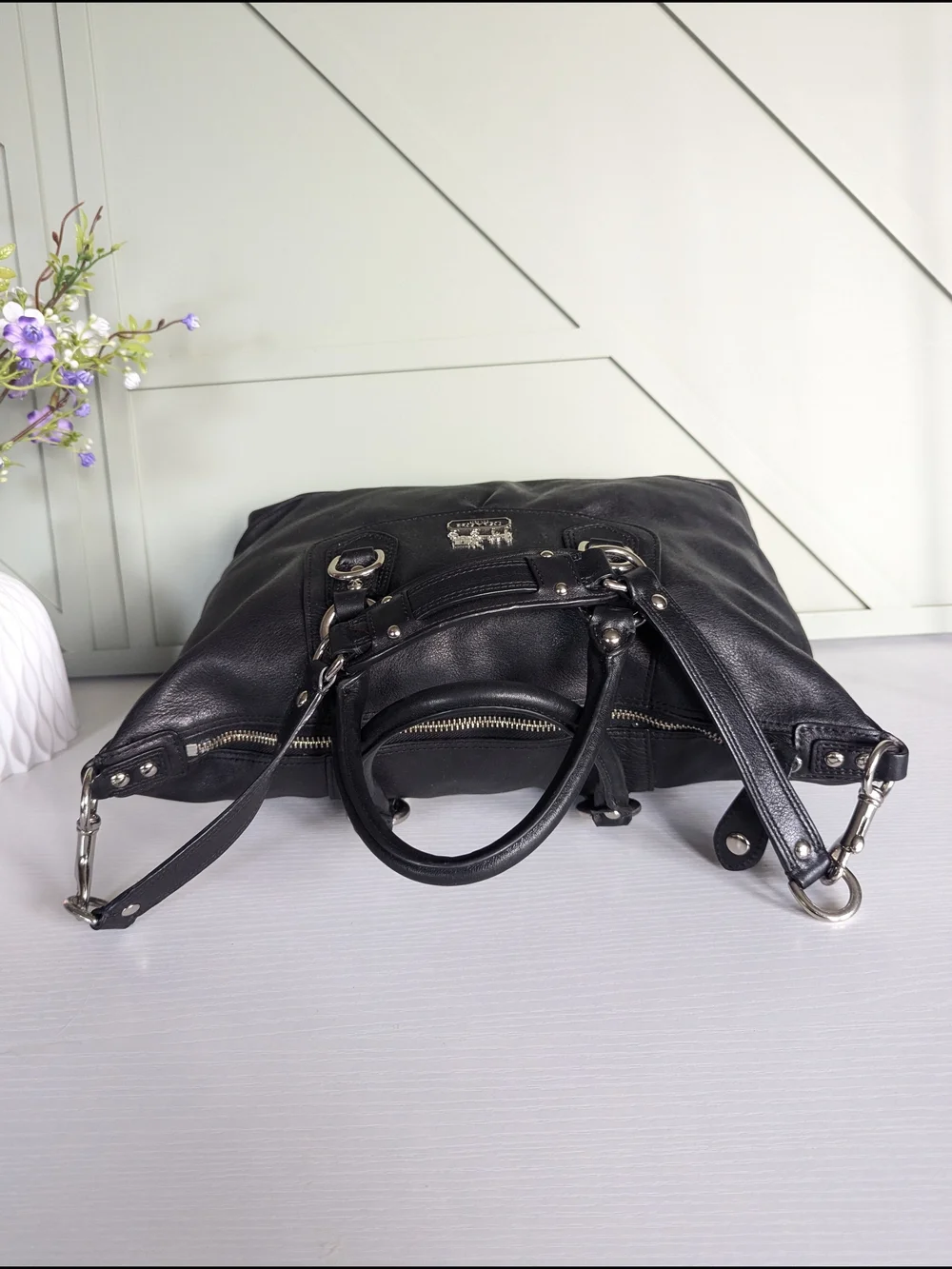 Coach Black Leather Satchel with Detachable Shoulder Strap